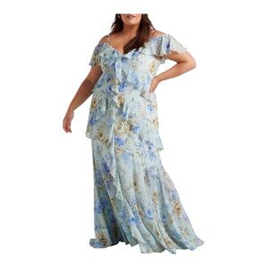 Ever New Curve Emery Floral Ruffled Cold Shoulder Dress in Blue Size 18